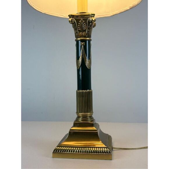 Vintage Brass & Green Empire Neoclassical Style Corinthian Column Table Lamp - Picture 9 of 9